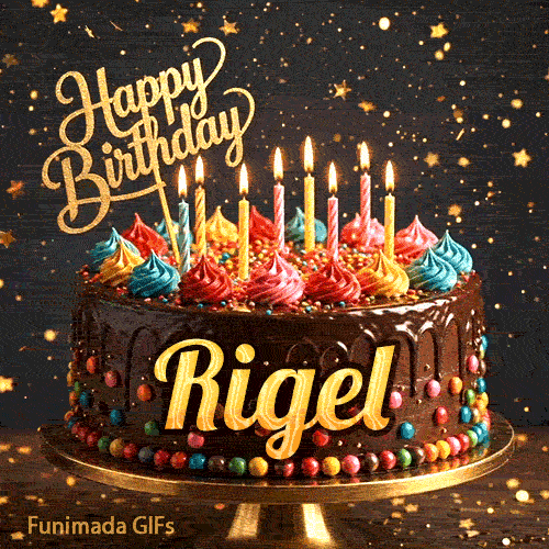 Festive chocolate birthday cake decorated with colorful frosting and candles under sparkling golden stars, personalized for Rigel.