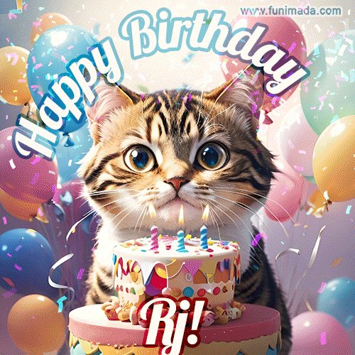 Happy birthday gif for Rj with cat and cake