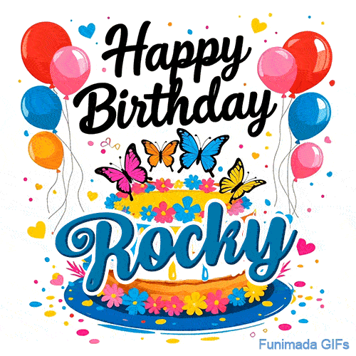 An animated graphic showing a cake decorated with little flowers and topped with butterflies, personalized for Rocky.