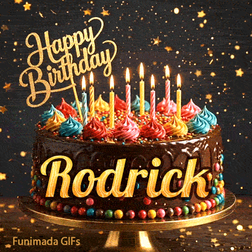 Happy Birthday Rodrick animated image showcasing a decorated chocolate cake on a pedestal with glowing candles.