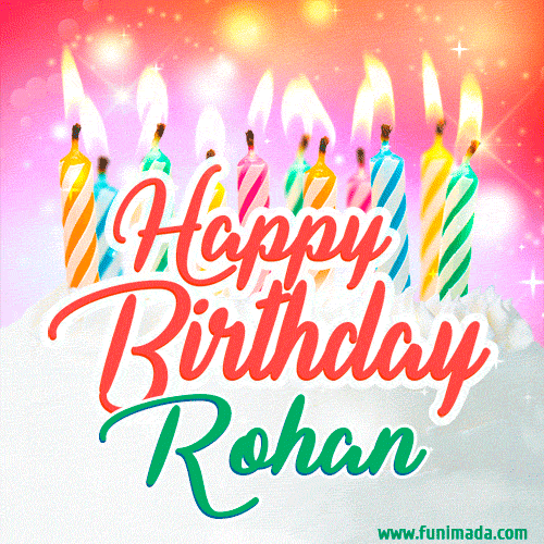 Happy Birthday GIF for Rohan with Birthday Cake and Lit Candles