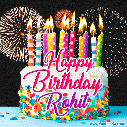 Amazing Animated GIF Image for Rohit with Birthday Cake and Fireworks