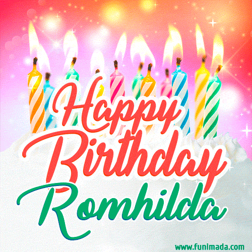 Bright birthday candles with rainbow flames on a cake, alongside the text 'Happy Birthday Romhilda' in vibrant script in this celebratory animated GIF.