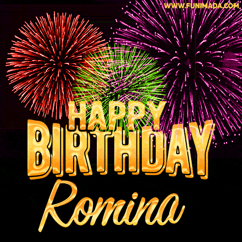 Wishing You A Happy Birthday, Romina! Best fireworks GIF animated greeting card.
