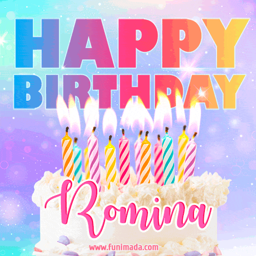 Animated Happy Birthday Cake with Name Romina and Burning Candles