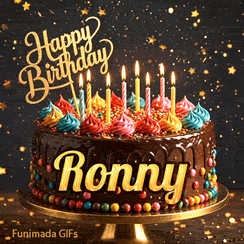 Shimmering animated card featuring a detailed chocolate cake and the name Ronny for his birthday celebration.