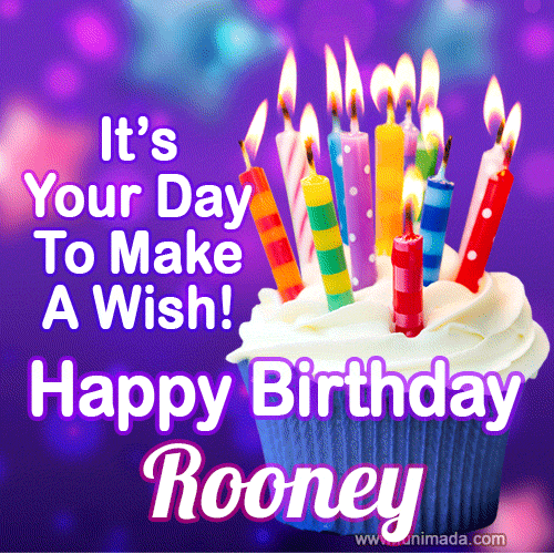 A colorful birthday GIF for Rooney featuring a cupcake with vibrant lit candles and the text 'It's Your Day to Make a Wish! Happy Birthday Rooney' in bold letters on a festive purple background.