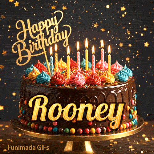 Glittery dark background with golden stars behind a chocolate birthday cake with the name Rooney written on the front.