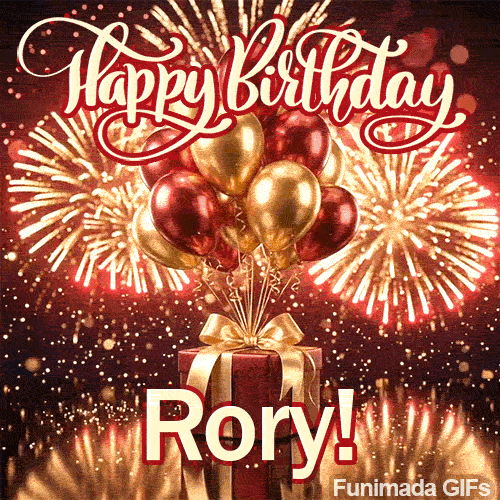 Festive digital animation with gold fireworks and balloon bouquets designed for Rorys birthday.
