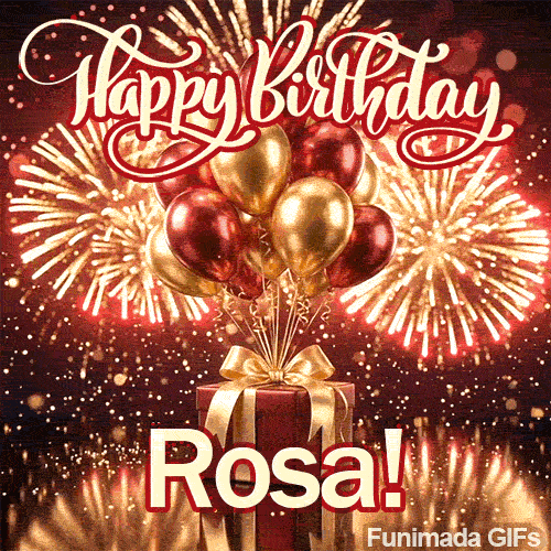 Spectacular golden fireworks filling a dark sky behind red and gold metallic balloons, personalized with Rosas name.