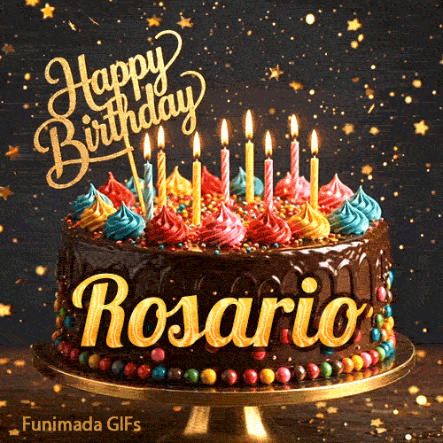 Shimmering gold stars and bokeh lights surround a chocolate drip cake personalized with the name Rosario.