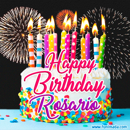 Amazing Animated GIF Image for Rosario with Birthday Cake and Fireworks