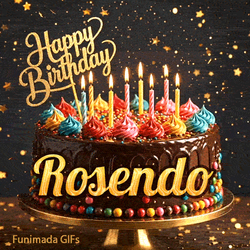 Chocolate cake with colorful icing swirls on top and the name Rosendo written on the chocolate frosting under lit candles.