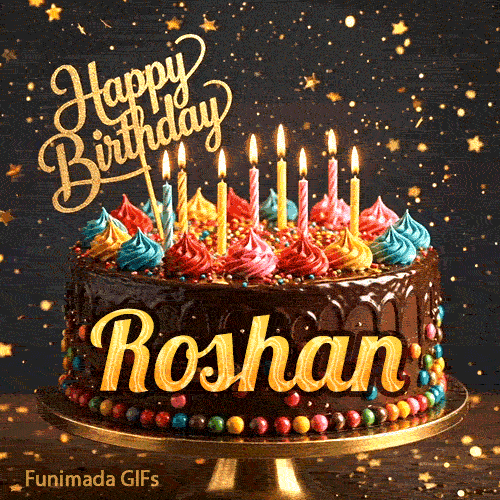 Shimmering animated card featuring a festive chocolate birthday cake with burning candles and the name Roshan.