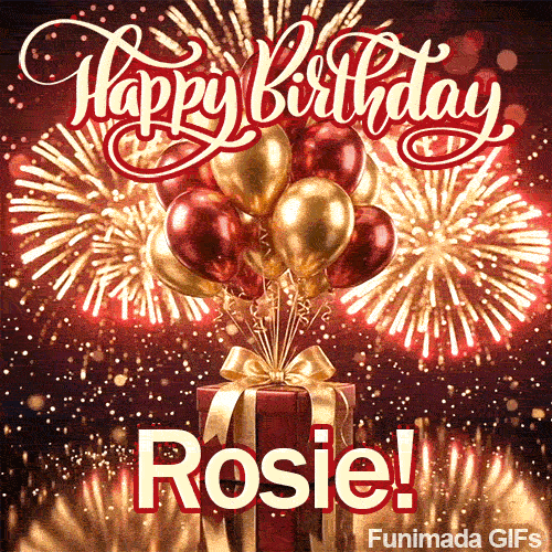 Large white nameplate spelling Rosie with red outline placed on a luxurious red gift box under party balloons.