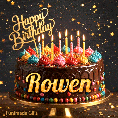 A decorated chocolate birthday cake on a golden stand with lit candles and colorful whipped cream rosettes, personalized for Rowen.