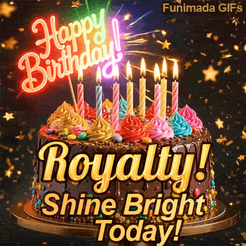Custom birthday ecard for Royalty featuring a gourmet chocolate cake decorated with a neon Happy Birthday topper.
