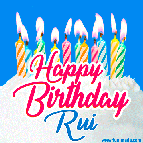 Happy Birthday GIF for Rui with Birthday Cake and Lit Candles