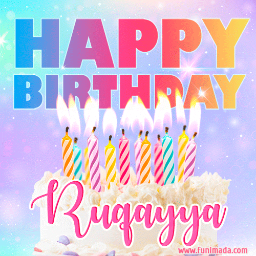 Animated Happy Birthday Cake with Name Ruqayya and Burning Candles