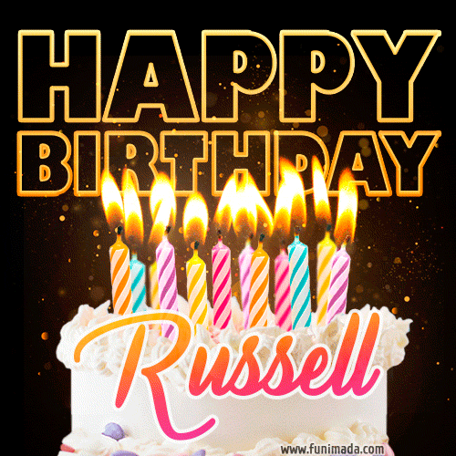 Russell - Animated Happy Birthday Cake GIF for WhatsApp