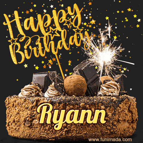 Celebrate Ryann's birthday with a GIF featuring chocolate cake, a lit sparkler, and golden stars