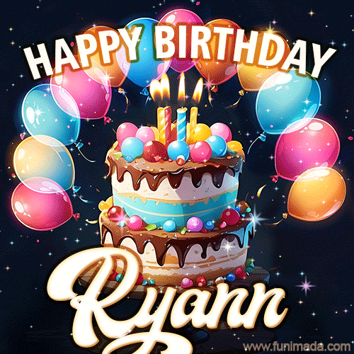 Hand-drawn happy birthday cake adorned with an arch of colorful balloons - name GIF for Ryann