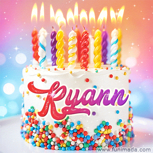 Personalized for Ryann elegant birthday cake adorned with rainbow sprinkles, colorful candles and glitter