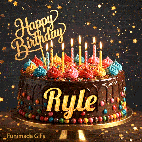 Golden star sprinkles and bokeh lights surrounding a rich chocolate cake personalized with Ryle's name.