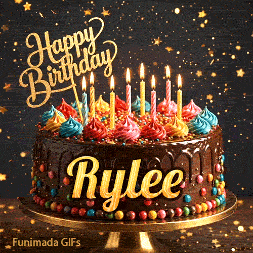 Cute chocolate cake GIF with the name Rylee, decorated with glowing birthday candles and multicolored icing.