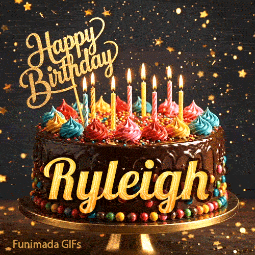 A gourmet chocolate cake on a stand with burning candles and a gold Happy Birthday topper, made for Ryleigh.