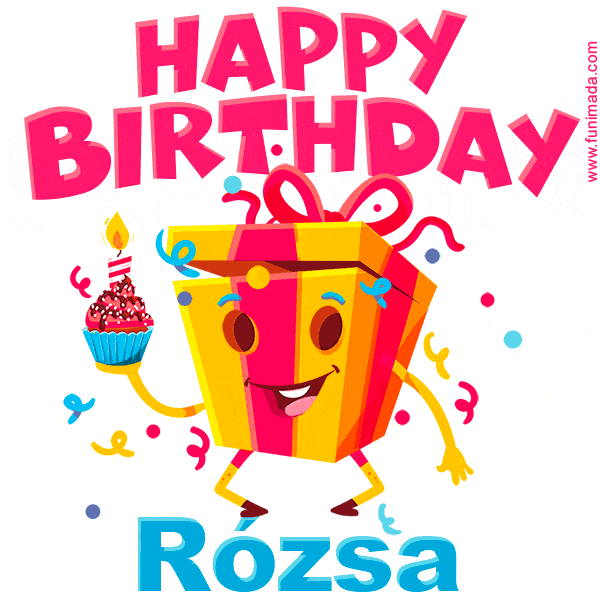 A vibrant and funny gift box character with a happy face dancing with a cupcake and the text 'Happy Birthday Rózsa,' surrounded by animated confetti and party vibes.