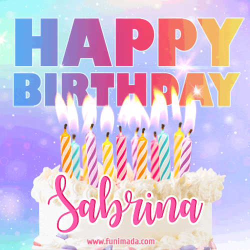 Animated Happy Birthday Cake with Name Sabrina and Burning Candles