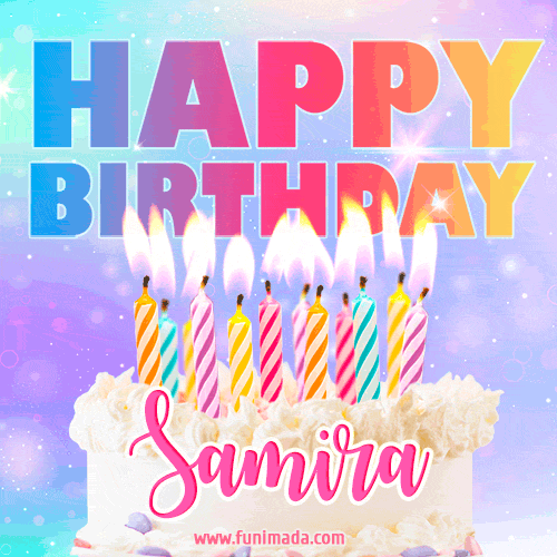Animated Happy Birthday Cake with Name Samira and Burning Candles