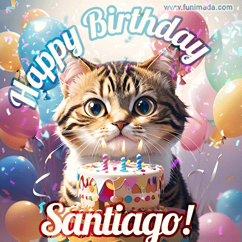 Happy birthday gif for Santiago with cat and cake