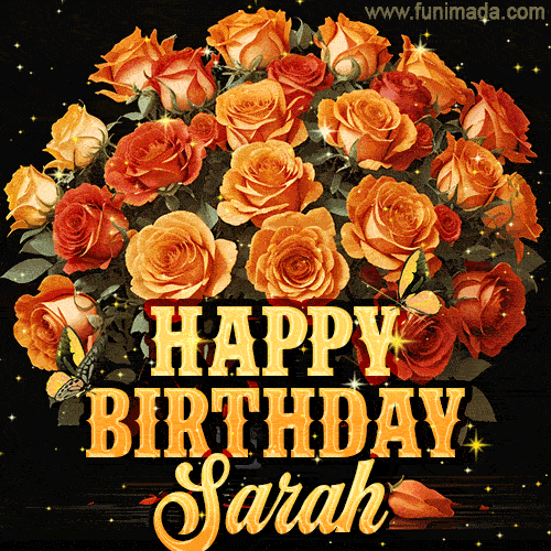 Beautiful bouquet of orange and red roses for Sarah, golden inscription and twinkling stars