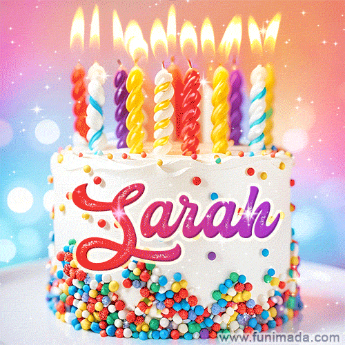 Personalized for Sarah elegant birthday cake adorned with rainbow sprinkles, colorful candles and glitter