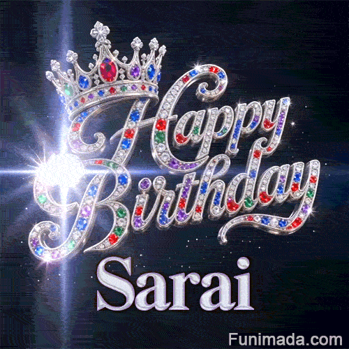 Large silver-white letters with metallic glow spelling Sarai beneath diamond-encrusted Happy Birthday text.