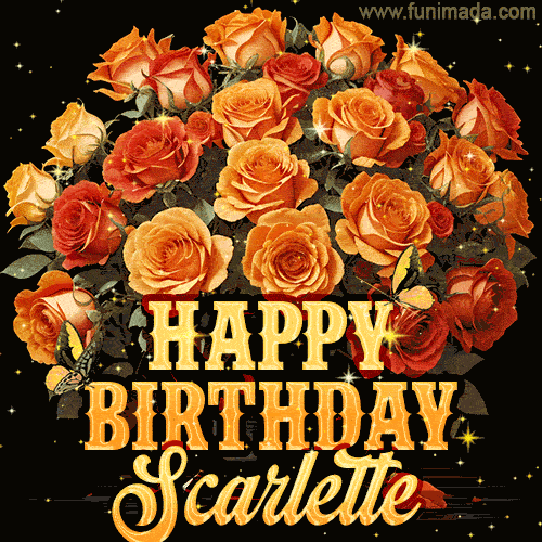 Beautiful bouquet of orange and red roses for Scarlette, golden inscription and twinkling stars