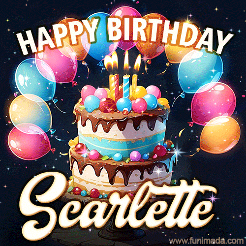 Hand-drawn happy birthday cake adorned with an arch of colorful balloons - name GIF for Scarlette