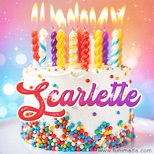 Personalized for Scarlette elegant birthday cake adorned with rainbow sprinkles, colorful candles and glitter