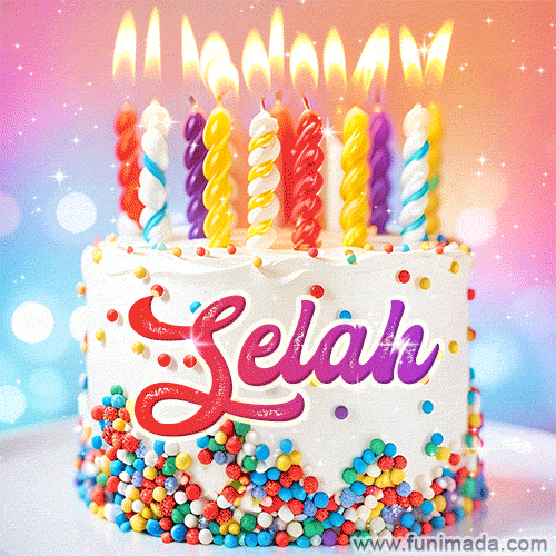 Personalized for Selah elegant birthday cake adorned with rainbow sprinkles, colorful candles and glitter