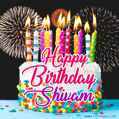 Amazing Animated GIF Image for Shivam with Birthday Cake and Fireworks —  Download on 