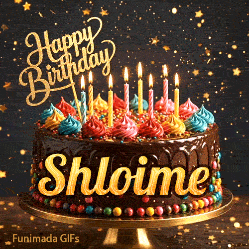 A gourmet chocolate cake on a stand with burning candles and a gold Happy Birthday topper, made for Shloime.