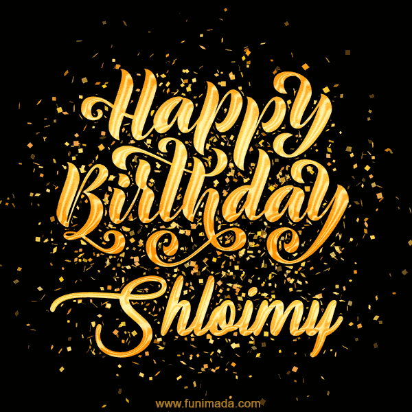 Animated GIF with colorful, festive 'Happy Birthday Shloimy' text decorated with patterns, a party hat, and falling confetti. A vibrant and cheerful design for birthday celebrations.