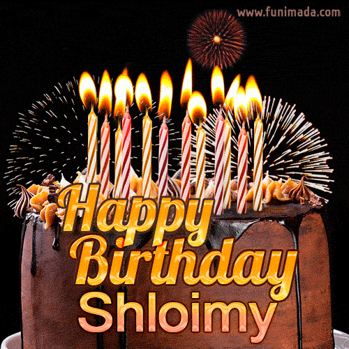 A rich chocolate cake topped with glowing birthday candles and surrounded by bright fireworks. The animated GIF displays the message 'Happy Birthday Shloimy' in golden text.