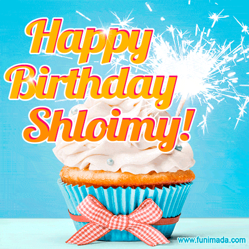 A cheerful animated GIF of a cupcake with creamy frosting, a red checkered ribbon, and a bright sparkler on top. The text 'Happy Birthday Shloimy!' is displayed in vibrant orange and red.
