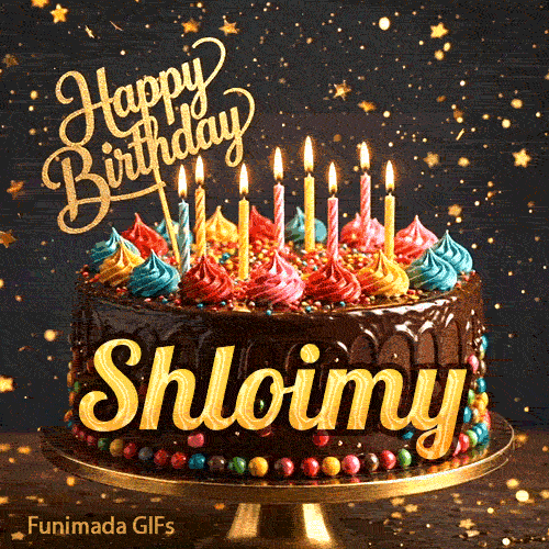 Personalised birthday animation with the name Shloimy written on a chocolate drip cake with flickering candles.