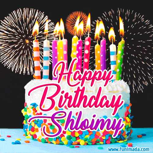 A lively happy birthday animated GIF showcasing a colorful birthday cake covered in sprinkles, topped with glowing candles, and surrounded by vibrant fireworks. The name 'Shloimy' is featured in elegant script.