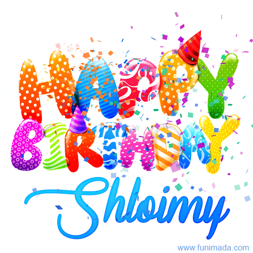 Animated GIF with colorful, festive 'Happy Birthday Shloimy' text decorated with patterns, a party hat, and falling confetti. A vibrant and cheerful design for birthday celebrations.