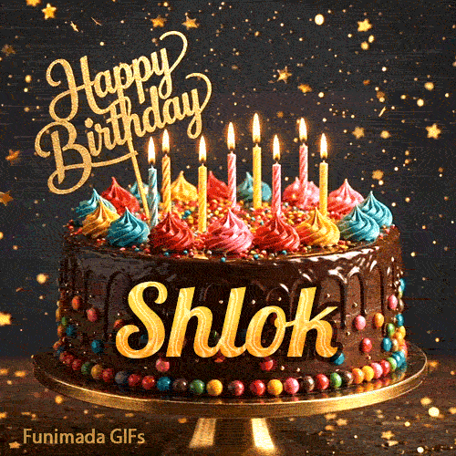 Bright colorful icing and burning candles on a chocolate frosted cake on a gold platter, custom-made for Shlok.